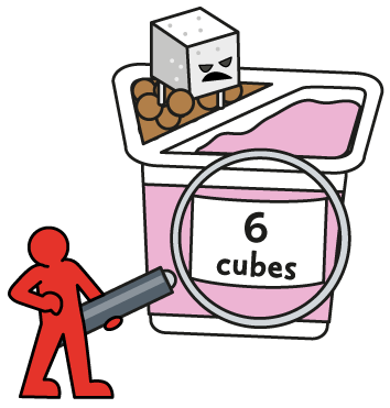 Image shows a red man with a magnifying glass held up to a pink yoghurt pot showing the text 6 cubes. An sugar cube with and angry face is on top of the yoghurt.